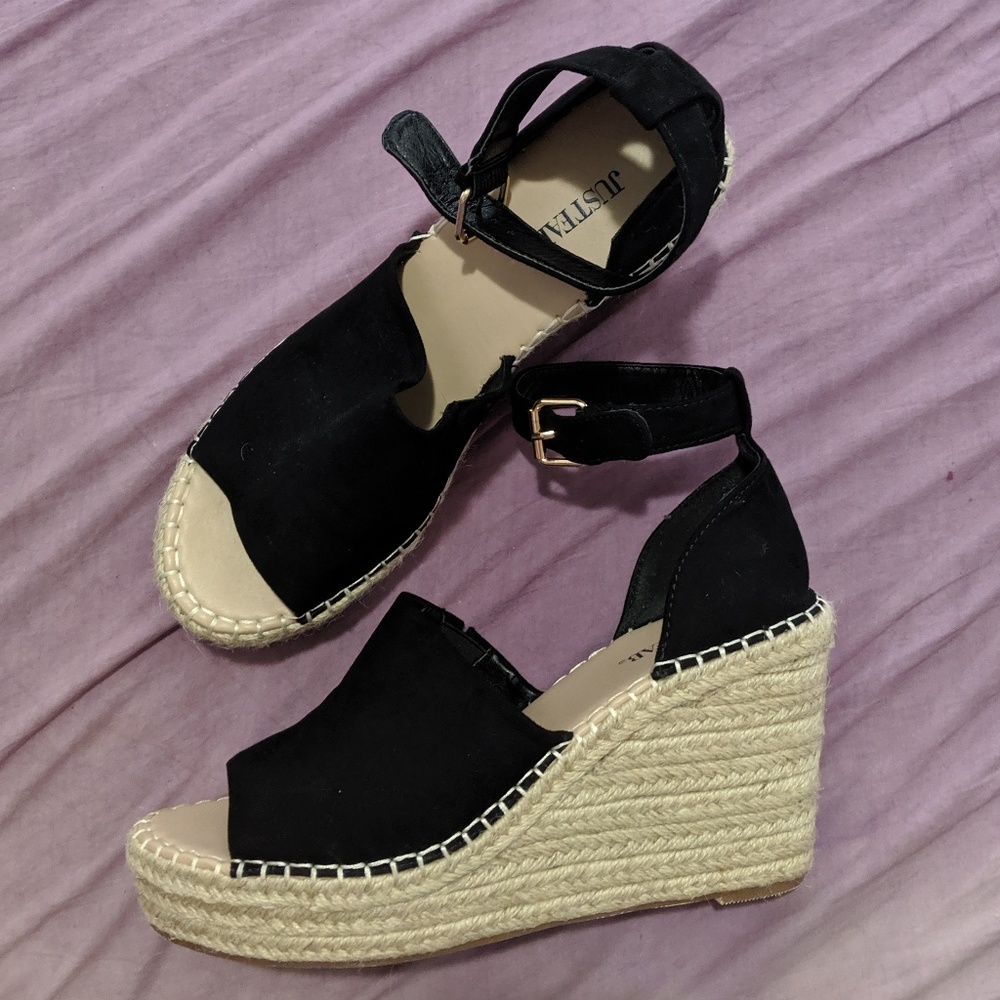Just Fab black ankle strap espadrille wedge